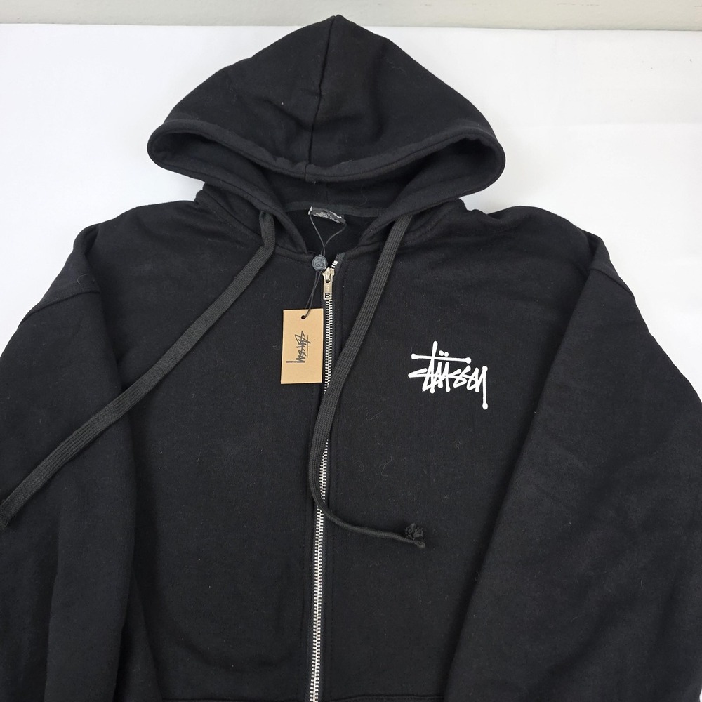 Stussy Hoodie Mens Large Black Full Zip Logo Back Graphic Fleece Sweatshirt - Picture 4 of 16